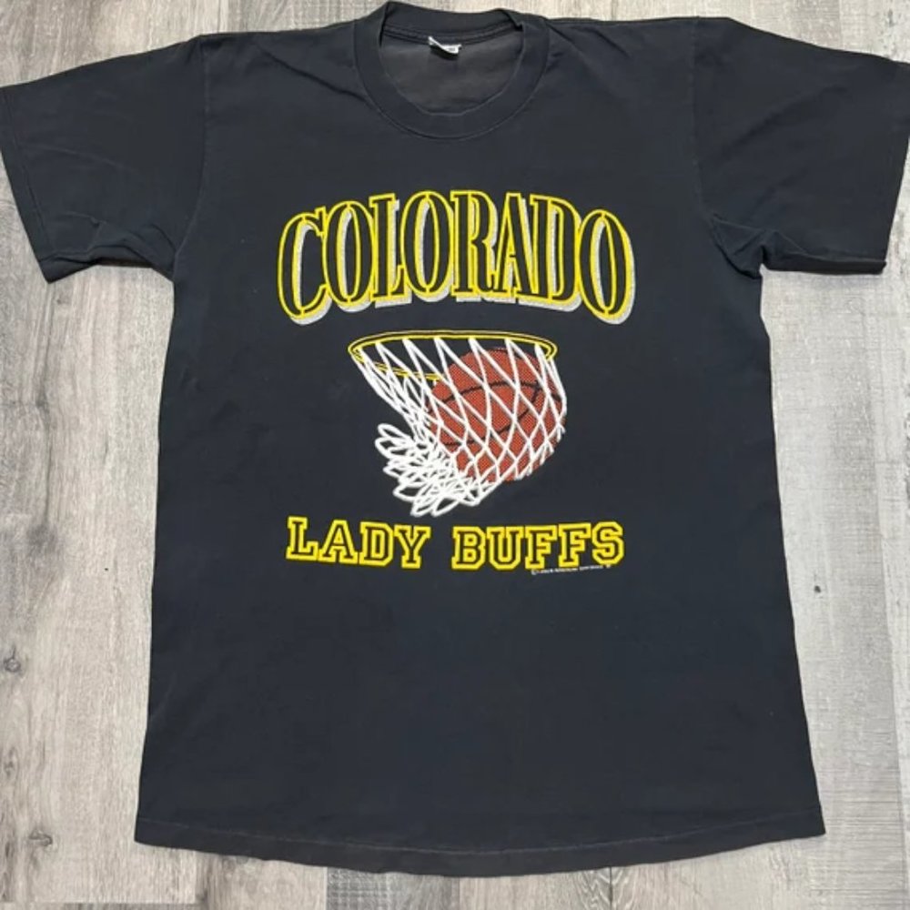 VTG University Of Colorado Lady Buffs Black 1991 CU College Basketbal shirt swe